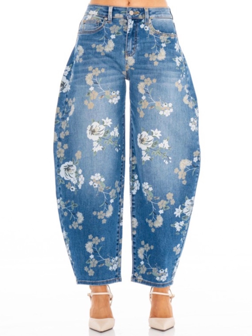 SM249 | Floral Print Barrel Leg Jeans